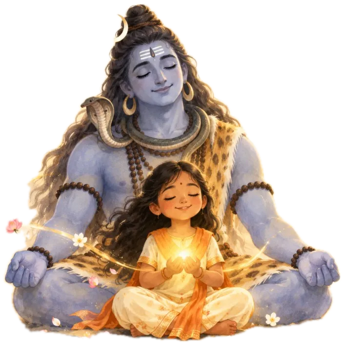 Shiva in meditation with a little girl holding a small light, from the cover of Shivmanas Puja